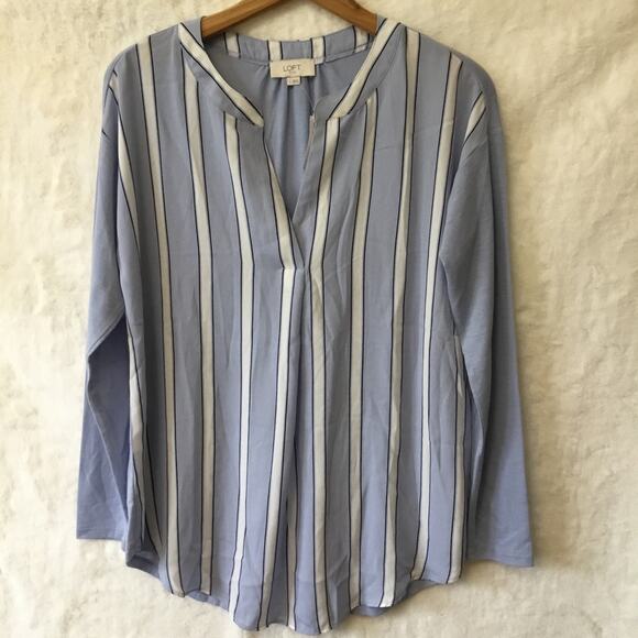 LOFT Tops - Loft Blue Striped V-Neck Mixed Media Top